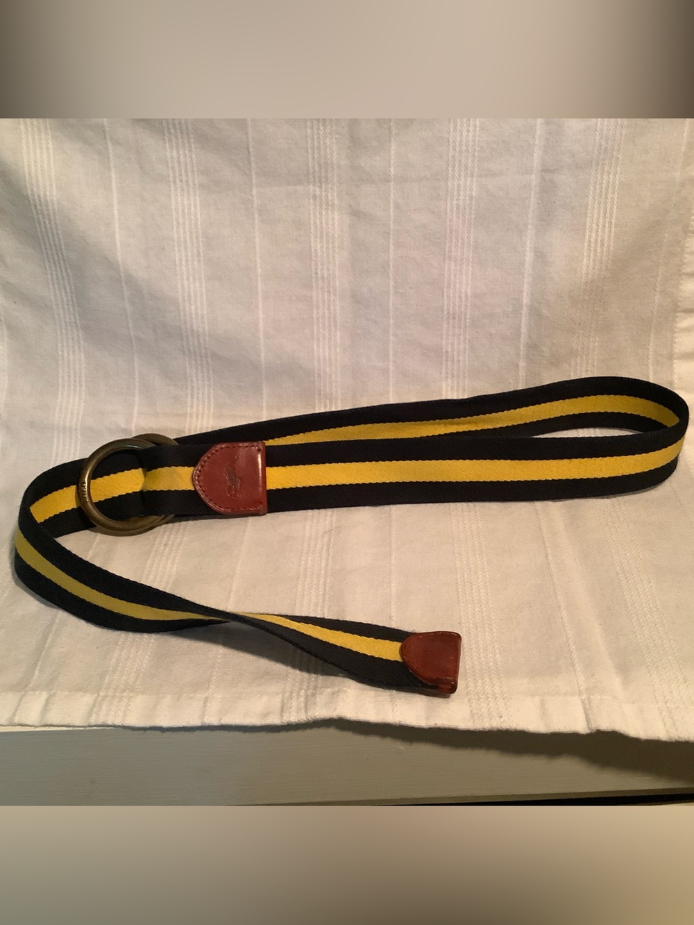 Vintage Polo by Ralph Lauren Navy and Yellow Striped Canvas Belt w Leather Tab - Picture 3 of 6